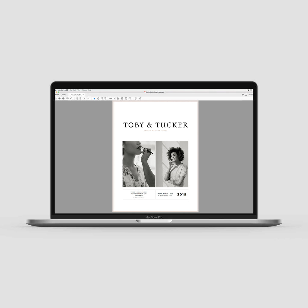Professionally designed and customizable pricing guide template for make-up artists and hairstylists. Toby & Tucker template