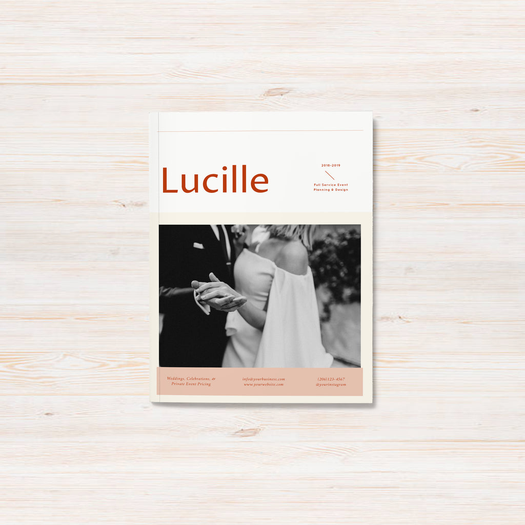 Professionally designed and customizable pricing guide template for wedding planners. Lucille template